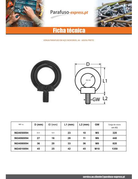 Parafuso Anilha de elevação M8X36 Aço inoxidável A4 Preto
